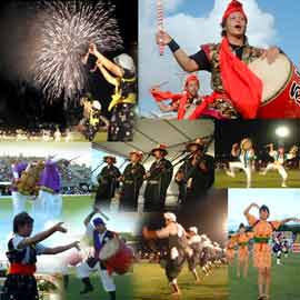 沖縄の伝統的な楽器を使った音楽演奏の様子や、踊りを踊る人々の写真です。
