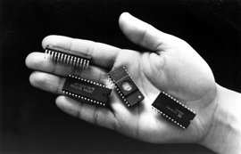 Four computer chips in an open palm