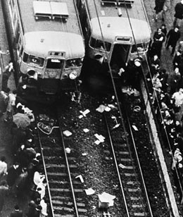 Aerial view of two trains damaged by railway workers' strike.