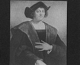 白黒の肖像画で、幅広の帽子とローブに身を包んだコロンブスが左手を胸の前に当て、座っています。