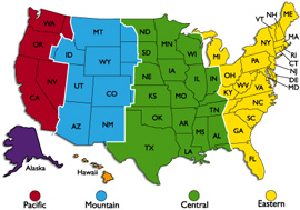 US map showing time zones