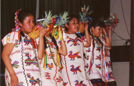５人の女の子が舞台の上にパイナップルを片手にお揃いの衣装で並んでいます。