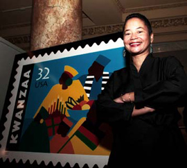 Woman standing in front of a large stamp