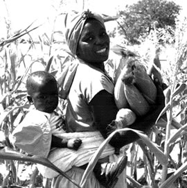 小さな子どもを背負ったアフリカ系の女性がとうもろこしを抱えています。
